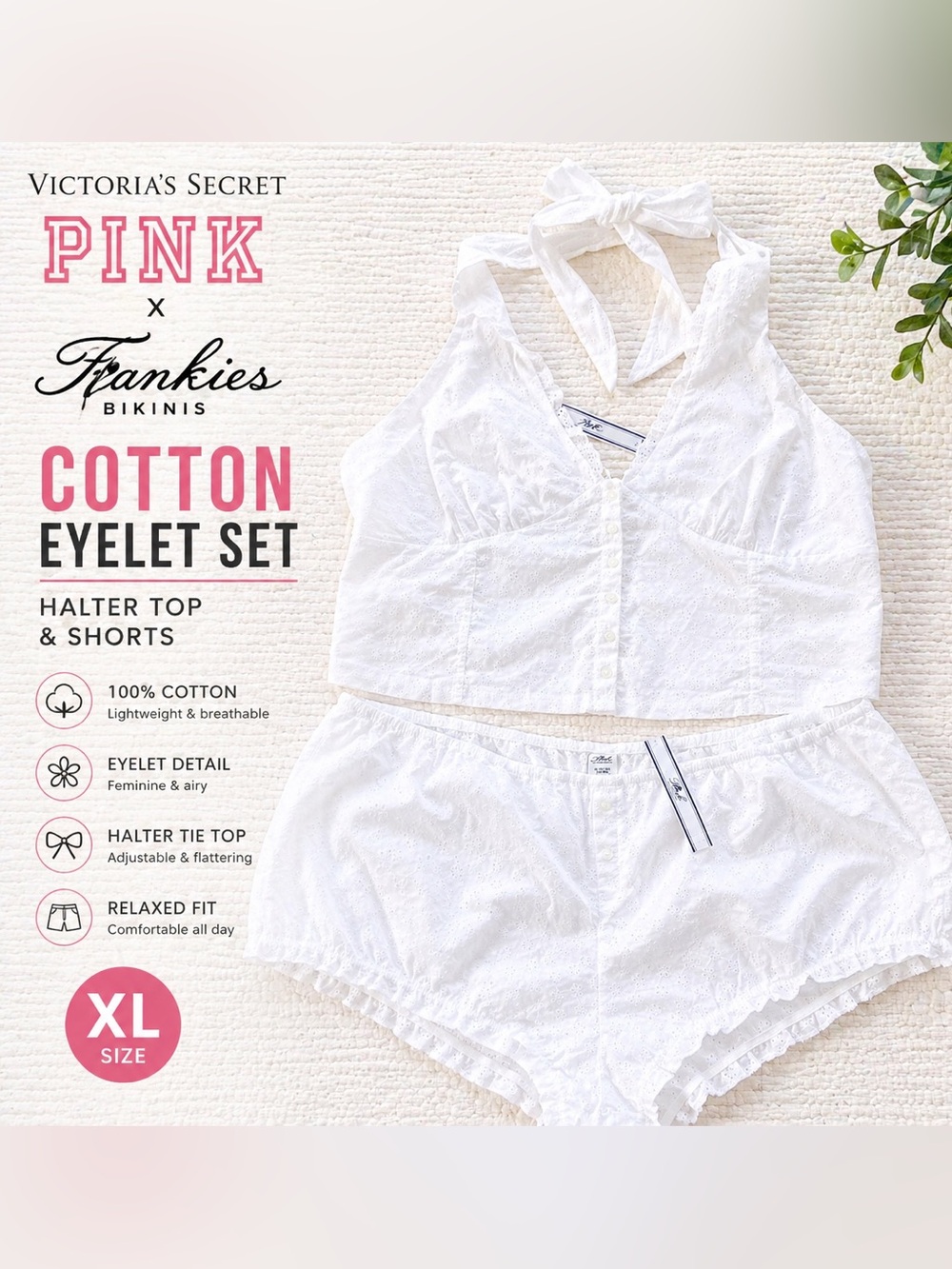 Victoria’s Secret PINK x Frankies Eyelet Set White Halter Shorts XL